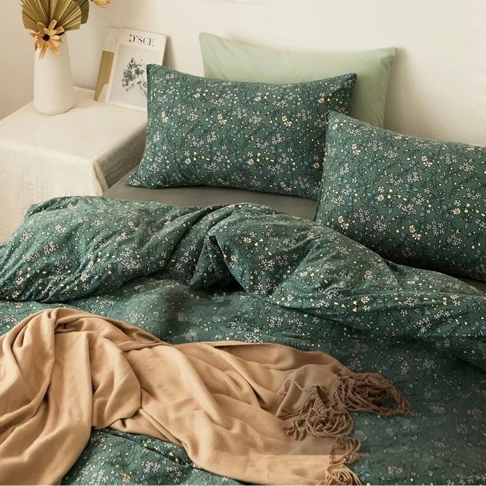 NEW Anthro Green Vintage Style Cotton Queen King Cotton Bedding Duvet & Sham Set